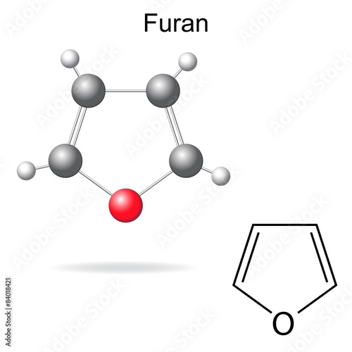 Chemical formula and model of furan molecule photo
