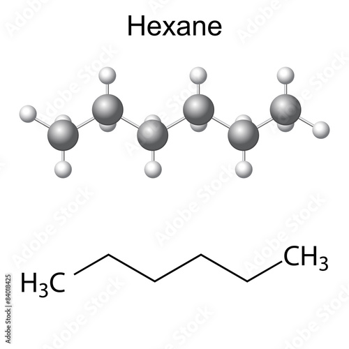 Chemical formula and model of hexane molecule photo