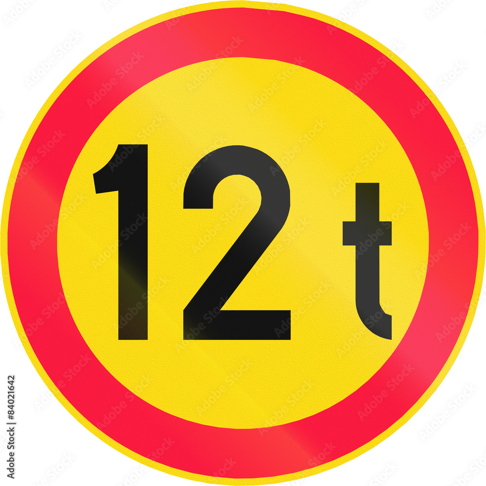Road sign 344 in Finland - No vehicles with a weight above that shown on the sign Road sign 344 in Finland - No vehicles with a weight above that shown on the sign