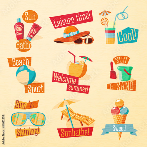 Set of cute bright summer icons with typographic elements