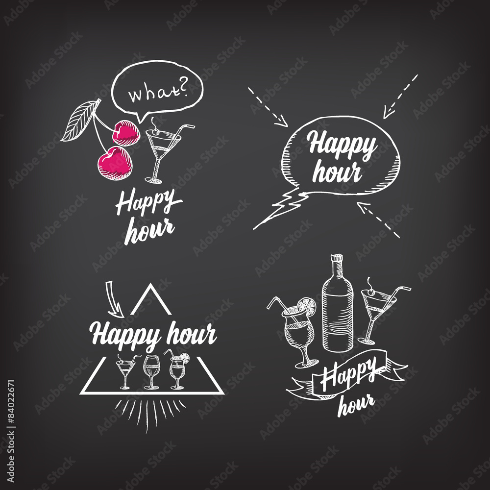 Fototapeta premium Happy hour party invitation. Cocktail chalkboard banner.
