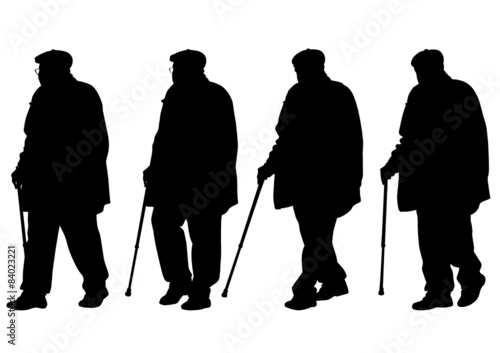 Elderly people with cane one white background