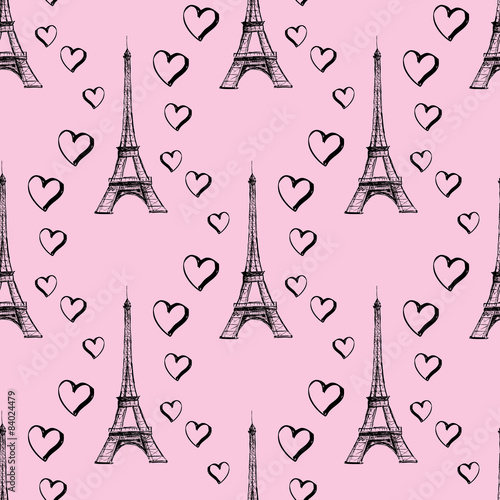 Seamless pattern Eiffel Tower with hearts