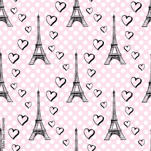 Seamless pattern Eiffel Tower with hearts