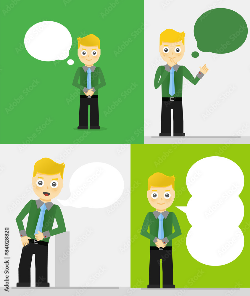 Set of young businessmen with speech bubbles. Talking, thinking