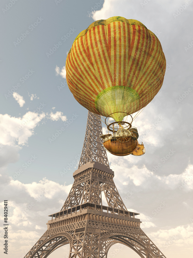 Fototapeta premium Fantasy Hot Air Balloon and Eiffel Tower