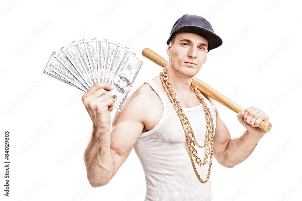 Thug holding baseball bat and a stack of money Stock Photo | Adobe Stock