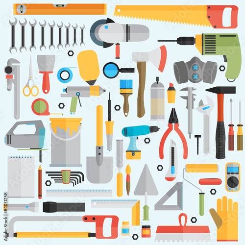 Repair and construction illustration with working tools icons.