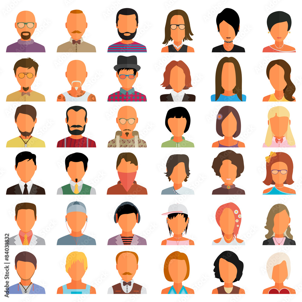 Set of people icons in flat style with faces. Vector women, men Set of people icons in flat style with faces. Vector women, men