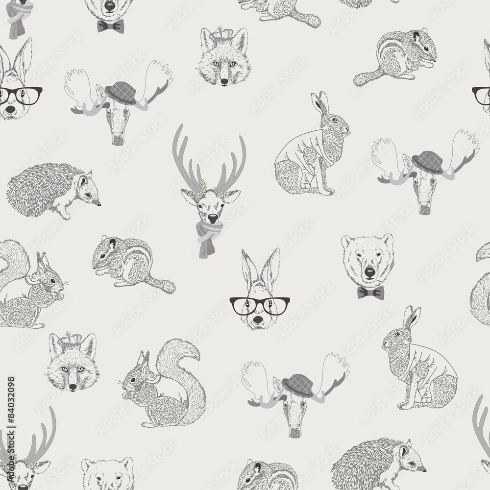 Seamless pattern with rabbit, hare, squirrel, deer Seamless pattern with rabbit, hare, squirrel, deer