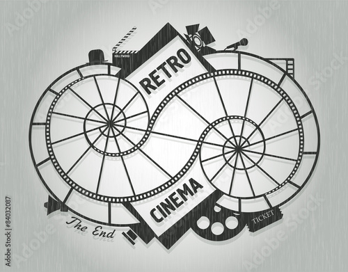 Cinema concept design in retro style with film reel and twisted