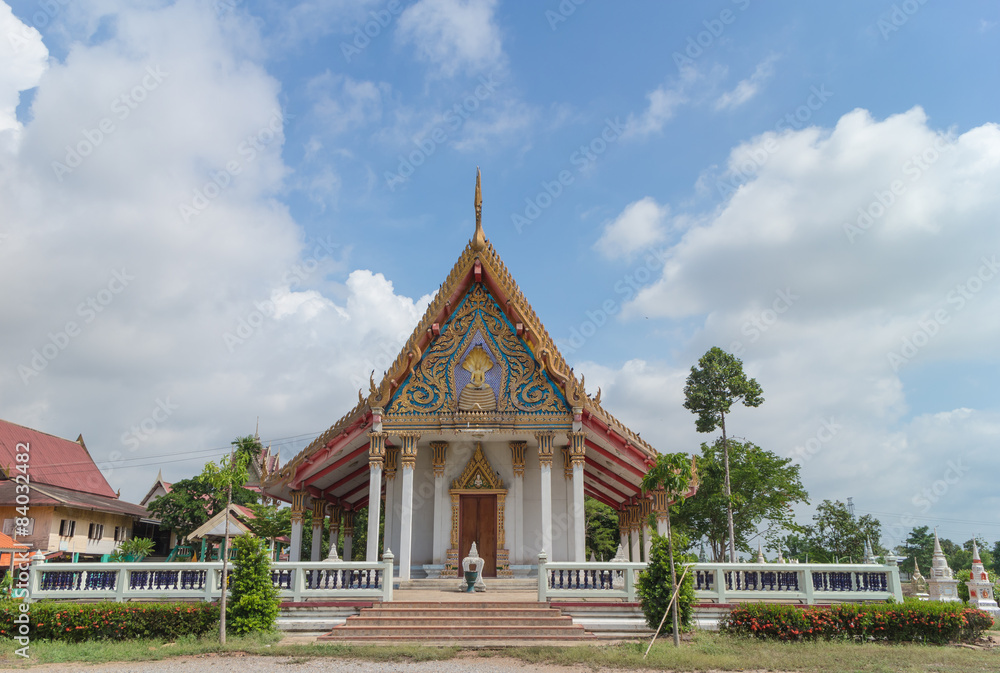 Temple with tree and sky background at Wat Sahakon Rangsan