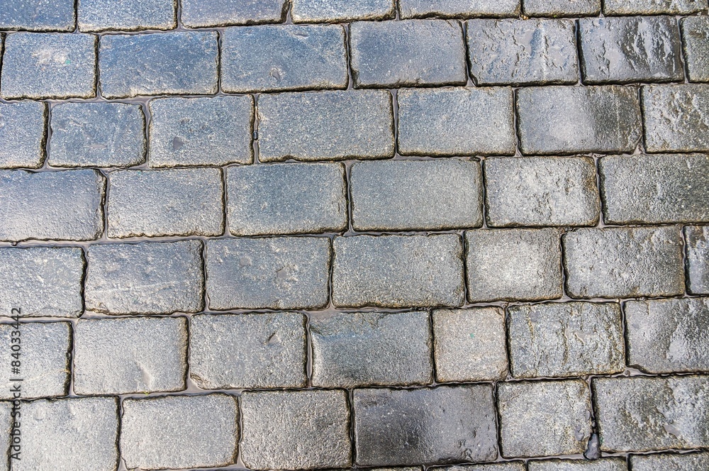 Grey cobblestone pavement after the rain in the Czech Republic