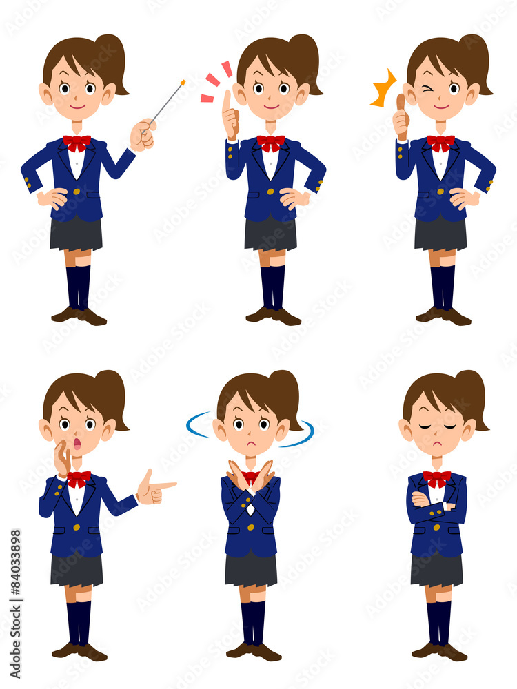 女子学生、6種類のポーズと表情