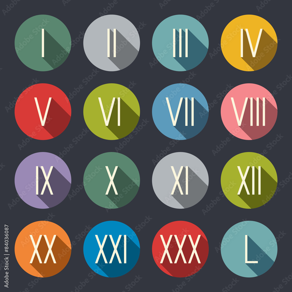 Roman numerals flat icon set