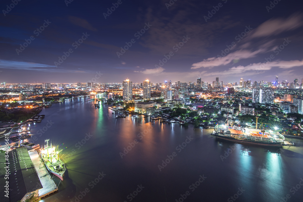 Bangkok Cityscape near river in twilight