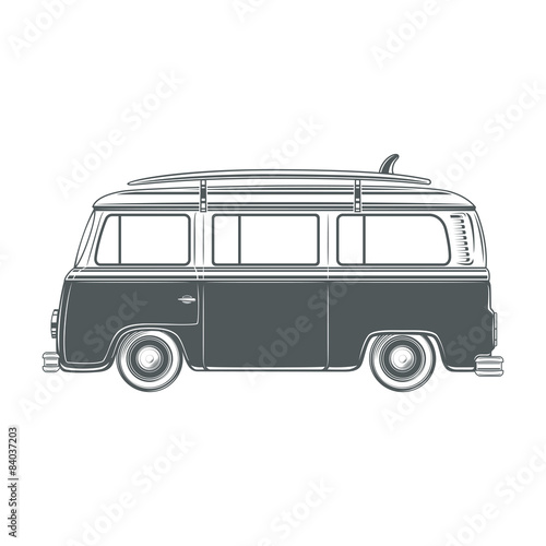 Retro, vintage, travel, camper van, with surf board.