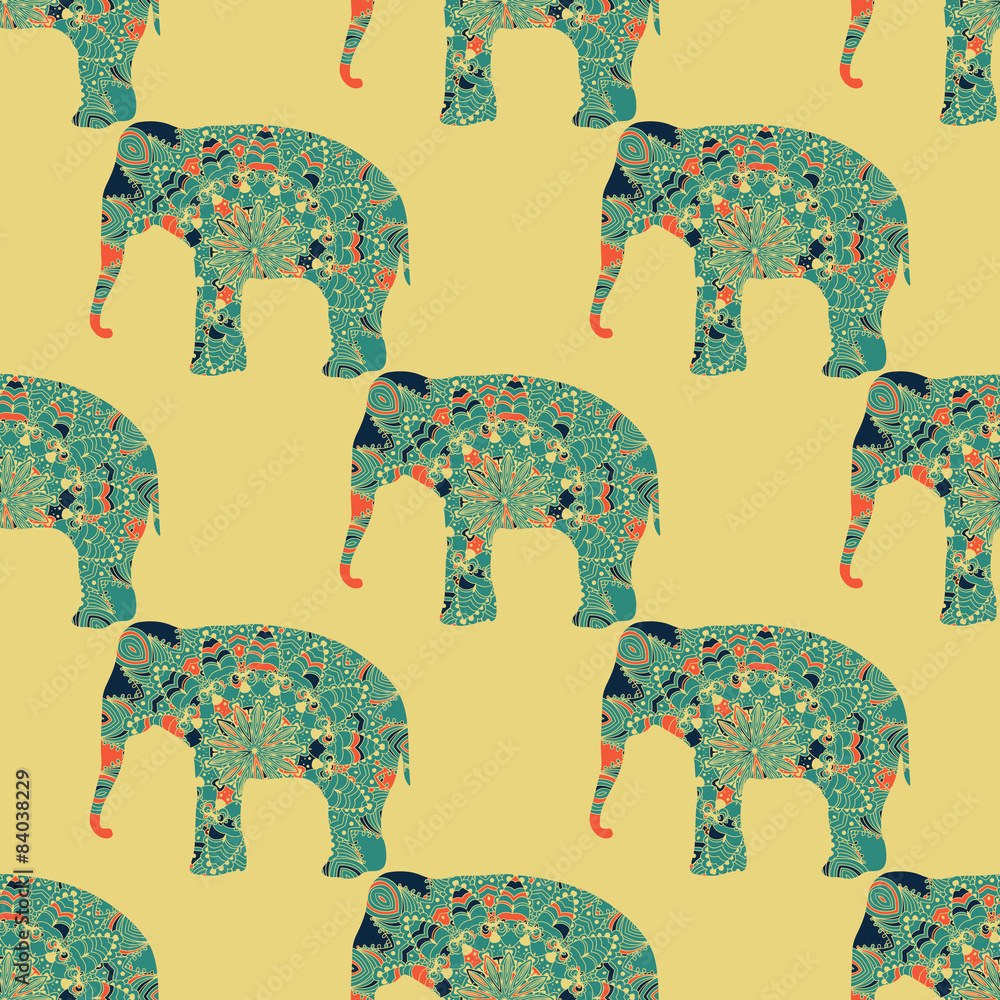 Naklejka premium Vector seamless pattern with the patterned elephants