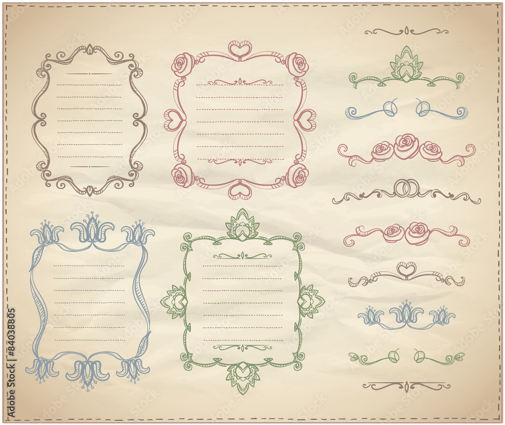 Hand drawn floral retro frames and line dividers collection