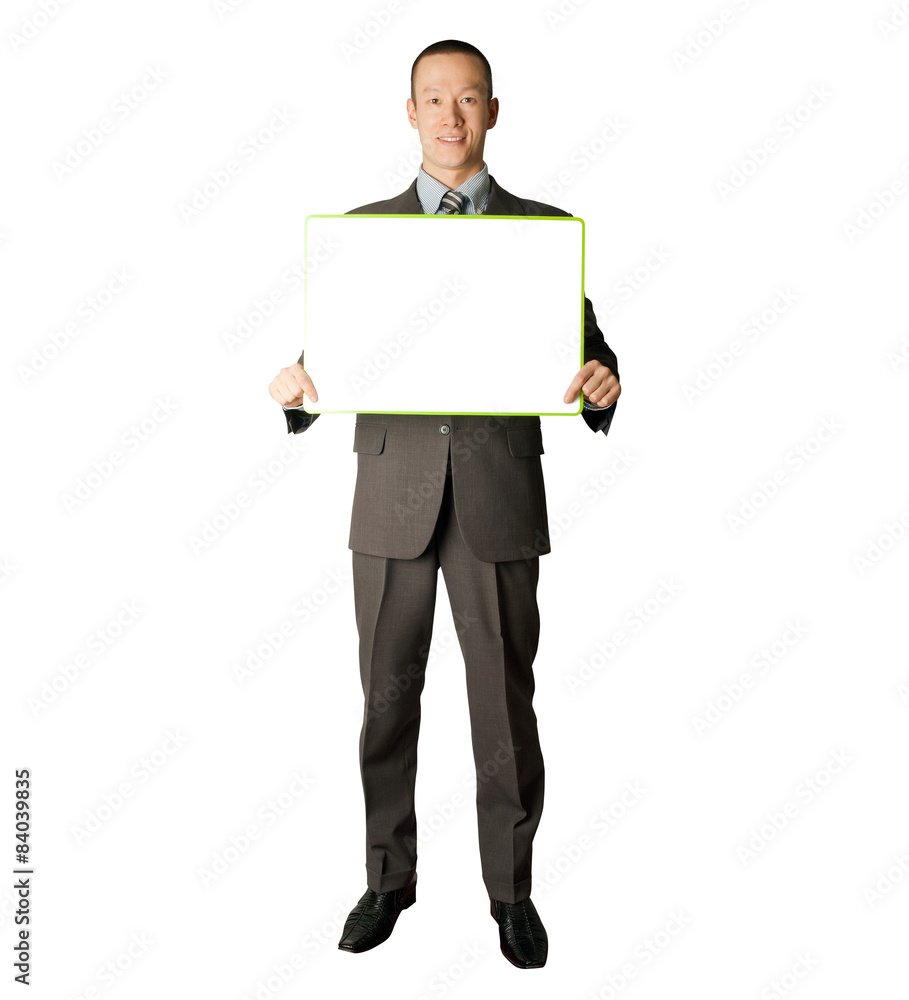 happy businessman holding blank white card happy businessman holding blank white card