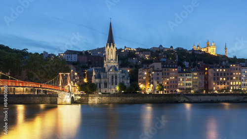 Panoramic blue hour view of Lyon with Saone river