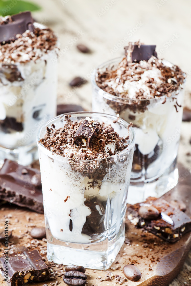 Chocolate dessert with ice cream in a glass, selective focus Chocolate dessert with ice cream in a glass, selective focus