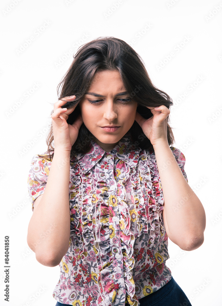 Young woman closed her ears Young woman closed her ears
