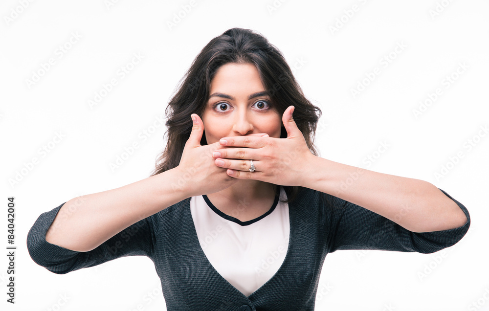 Young businesswoman covering her mouth Young businesswoman covering her mouth