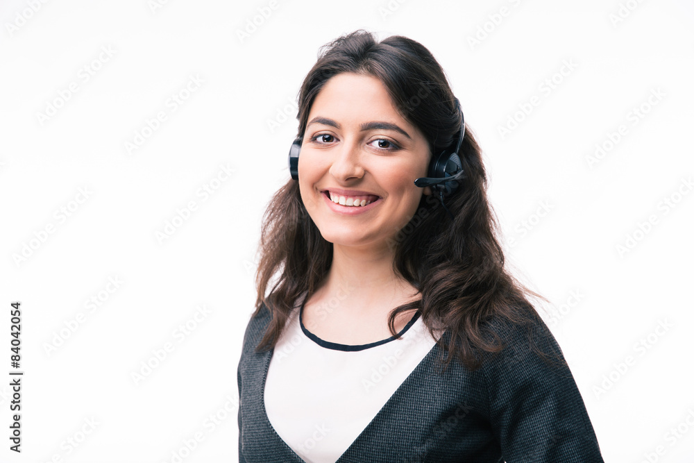 Cheerful woman assistant operator in headset Cheerful woman assistant operator in headset