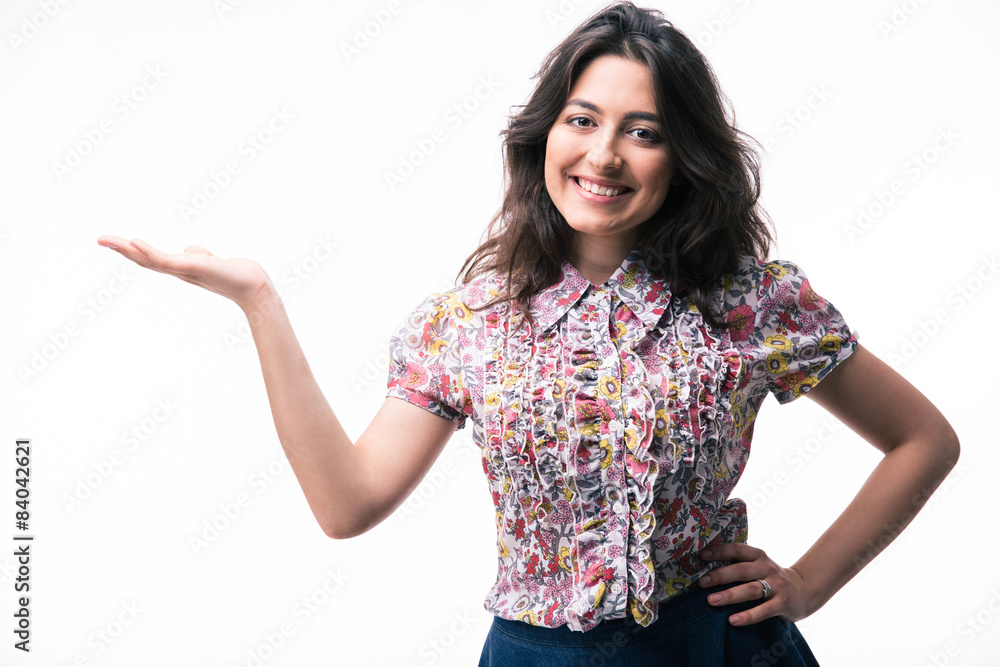 Happy woman presenting copy space on her palm Happy woman presenting copy space on her palm