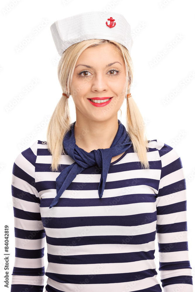 Female sailor in a striped white and blue shirt Female sailor in a striped white and blue shirt