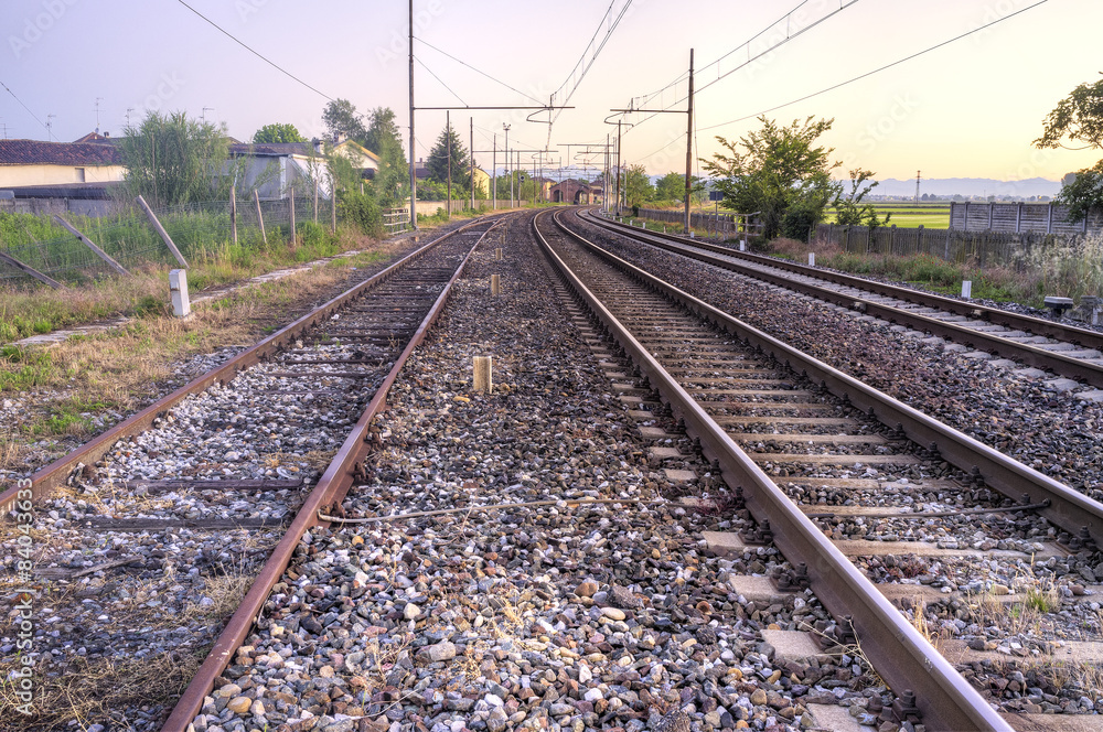 Countryside railway, springtime sunrise. Color image