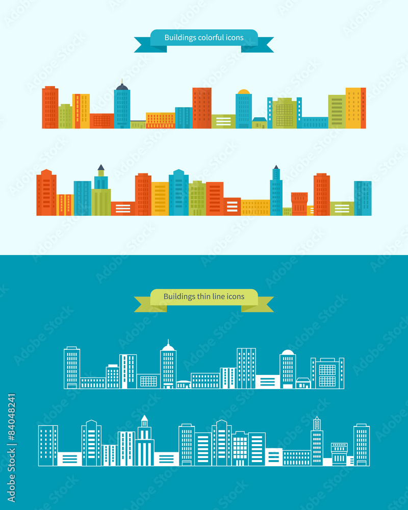 Buildings colorful and thin line icons