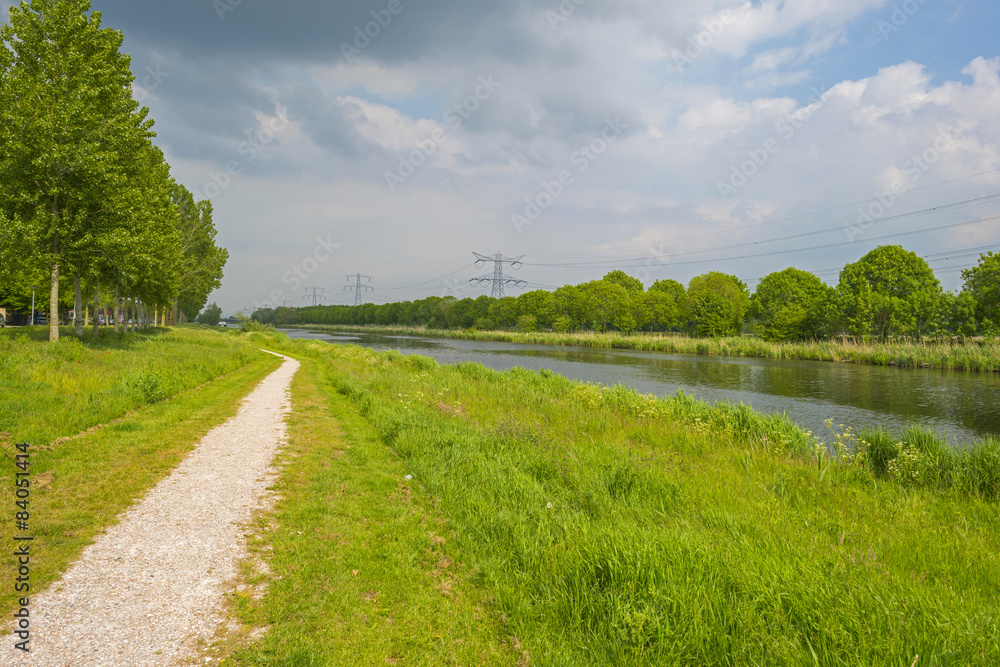 Footpath along the shore of a canal in spring