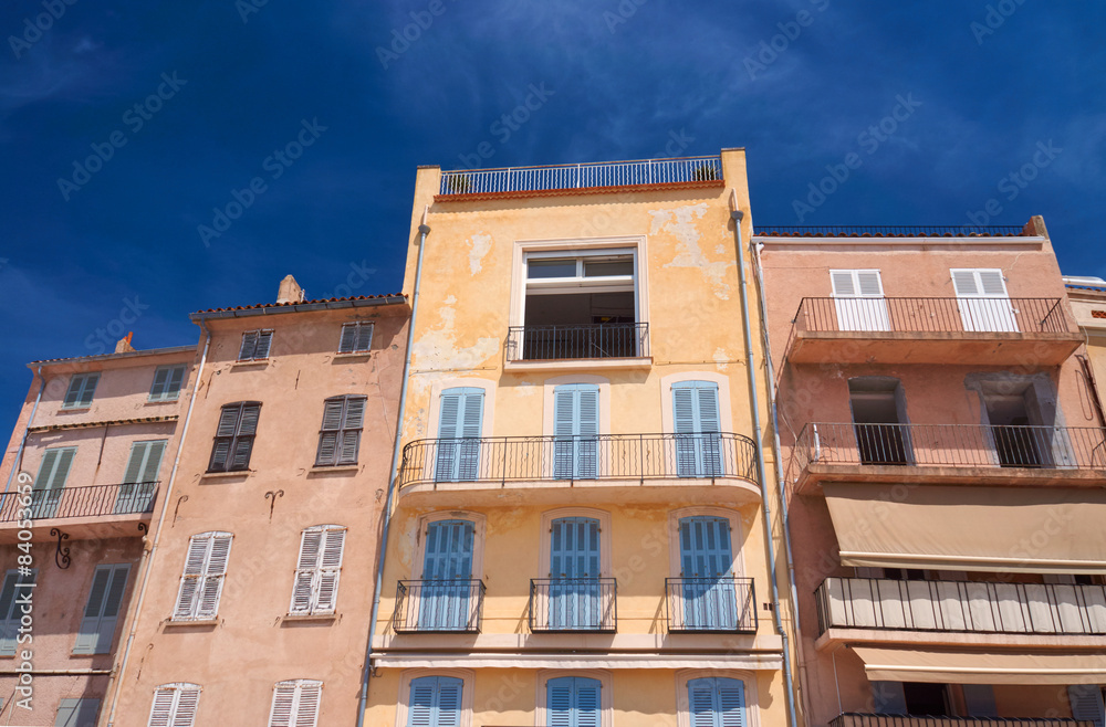 Tenement houses in the port of Saint-Tropez, France.