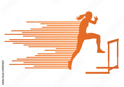 Athlete woman hurdling in track and field vector background conc