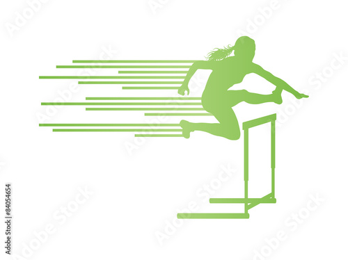 Athlete woman hurdling in track and field vector background conc