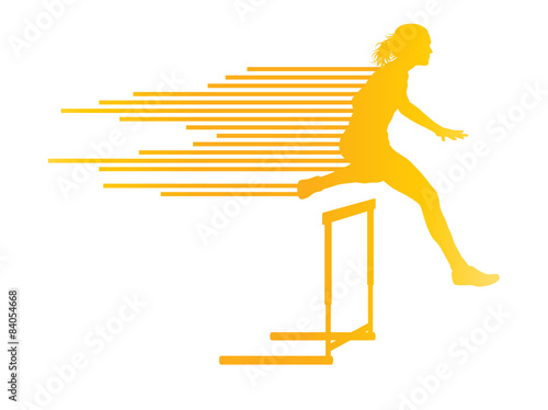 Athlete woman hurdling in track and field vector background conc