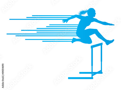 Athlete woman hurdling in track and field vector background conc