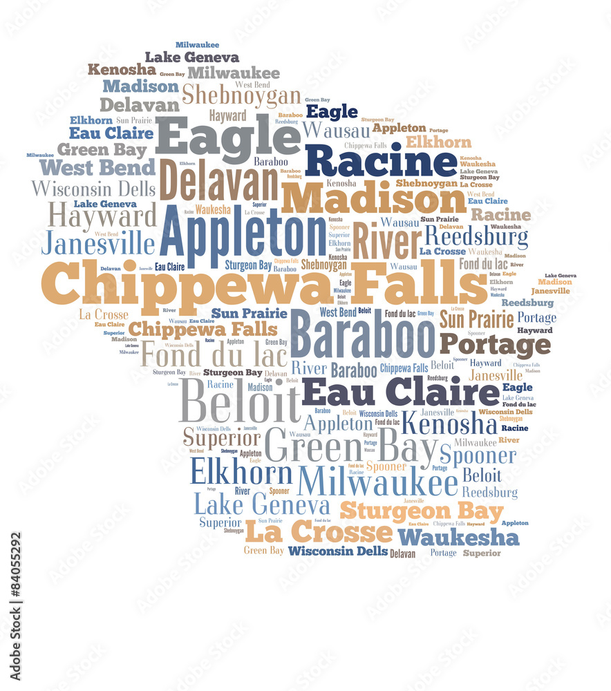 Obraz premium Word Cloud showing cities in Wisconsin