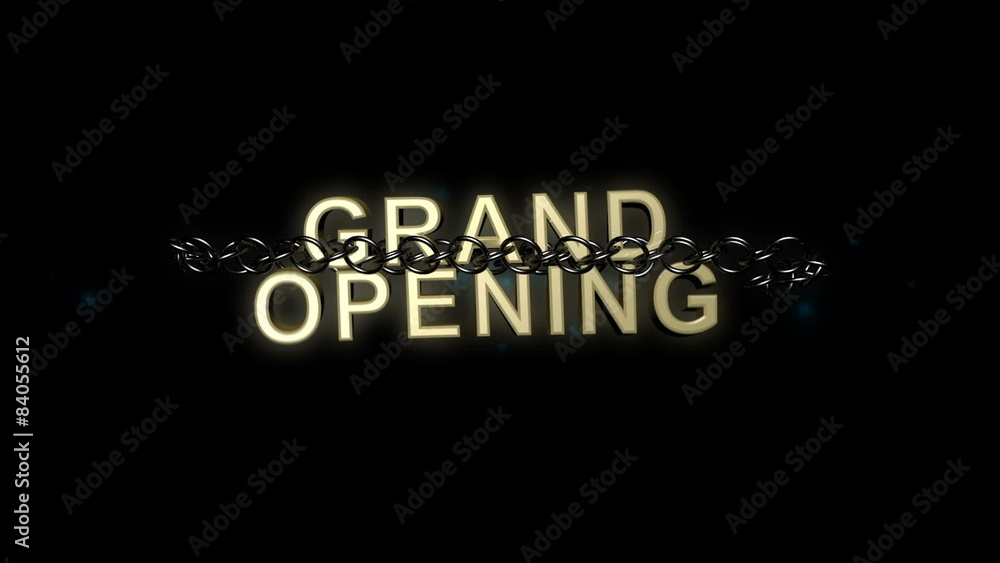 Animation of Grand Opening text breaking free from chains. Animation of Grand Opening text breaking free from chains.
