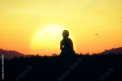 Young Adult Women Sitting on a Hilltop in the Sunset 3D artwork