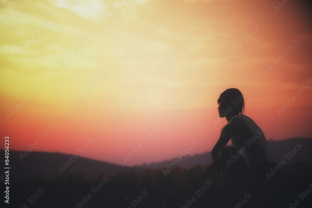 Young Adult Women Sitting on a Hilltop in the Sunset 3D artwork Young Adult Women Sitting on a Hilltop in the Sunset 3D artwork