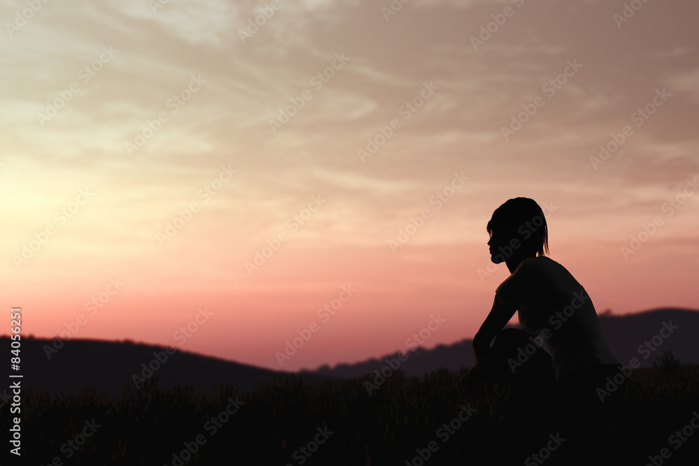 Young Adult Women Sitting on a Hilltop in the Sunset 3D artwork