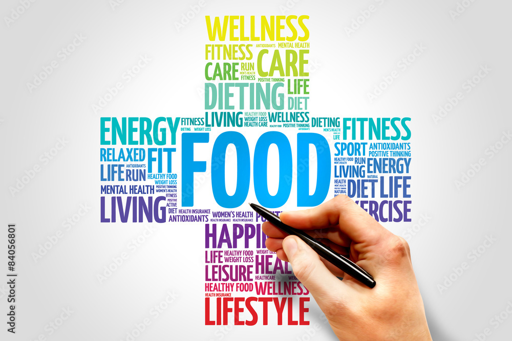 FOOD word cloud, health cross concept FOOD word cloud, health cross concept