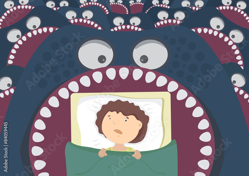 Children's night terrors. Monsters around the bed of the boy.