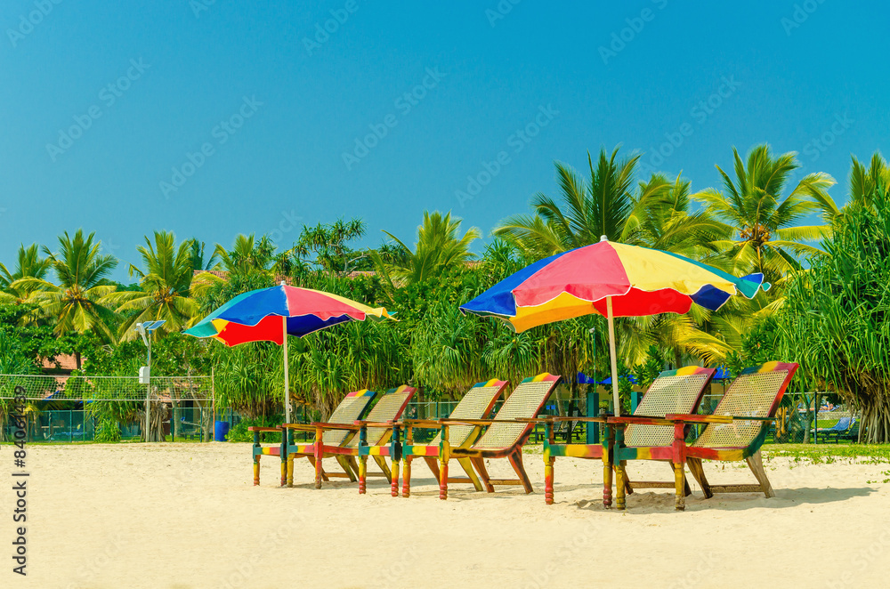 Colorful umbrellas and deck chairs, Sri Lanka