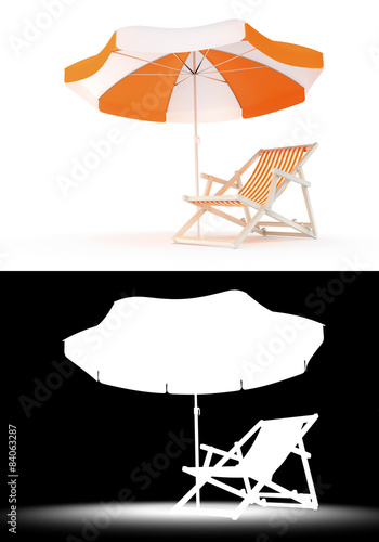 Vászonkép Single deck chair and umbrella isolated on white with luma matte