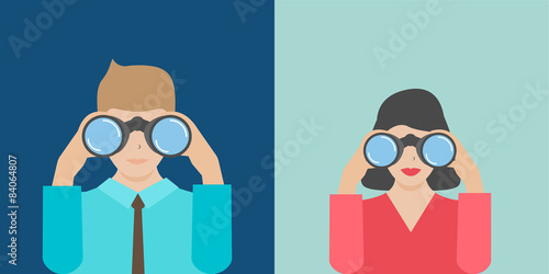 Businesswoman and businessman holding binoculars