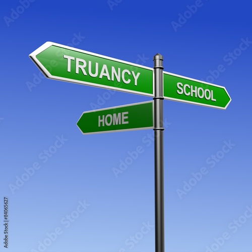 Signpost pointing three directions - school, truancy and home.